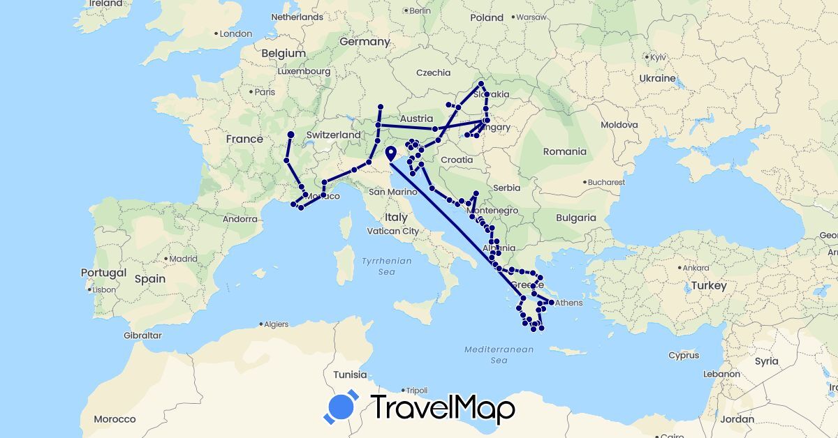 TravelMap itinerary: driving in Albania, Austria, Bosnia and Herzegovina, Germany, France, Greece, Croatia, Hungary, Italy, Montenegro, Slovenia, Slovakia (Europe)